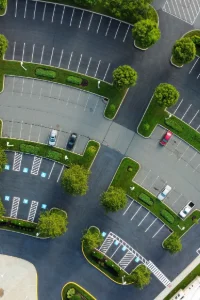 An aerial view of the parking lot of a business