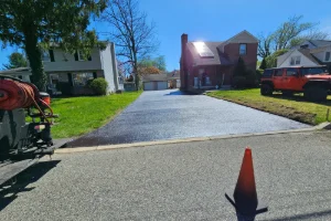 Image of a freshly sealcoated residential driveway